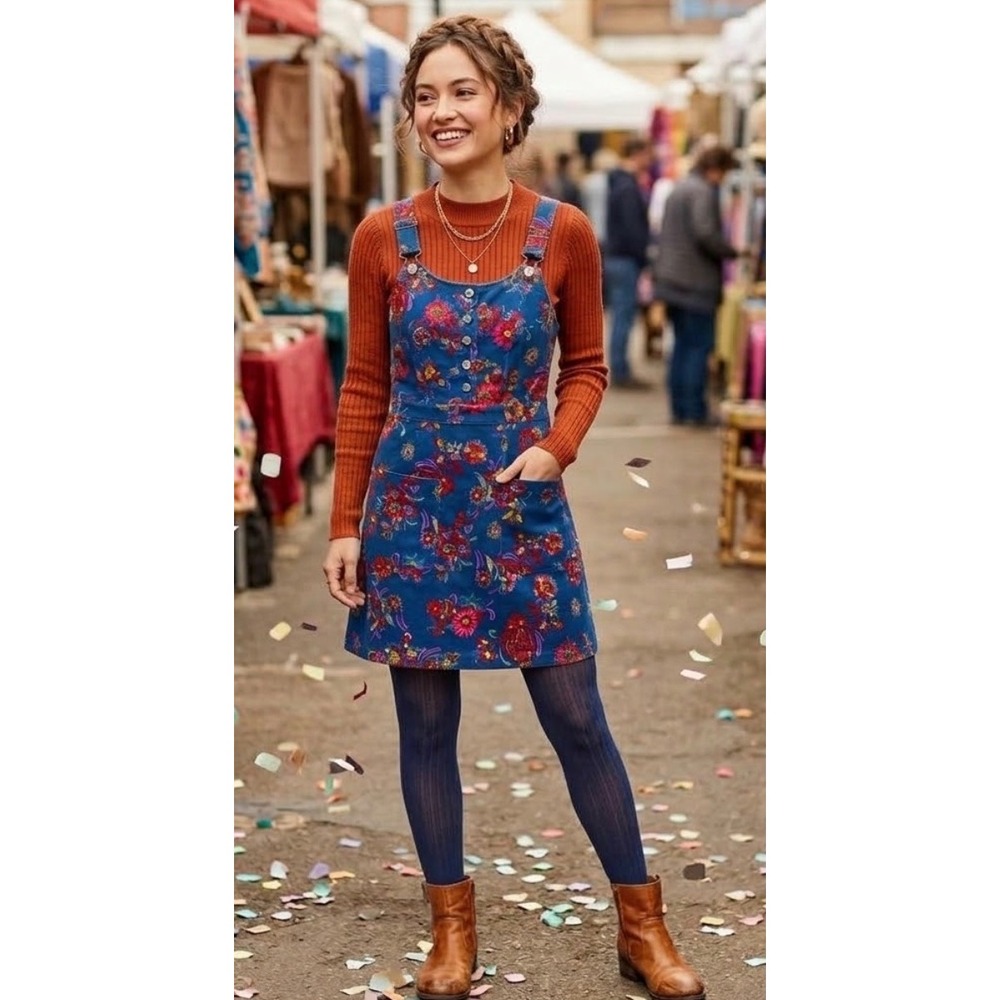 ModCloth Padma Paisley Navy Corduroy Pinafore Dress XS Floral Jumper NWT